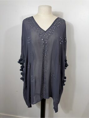 Chan Luu Gray Silk Embellished Tassel Kaftan Tunic Cover Up XS US 0-2